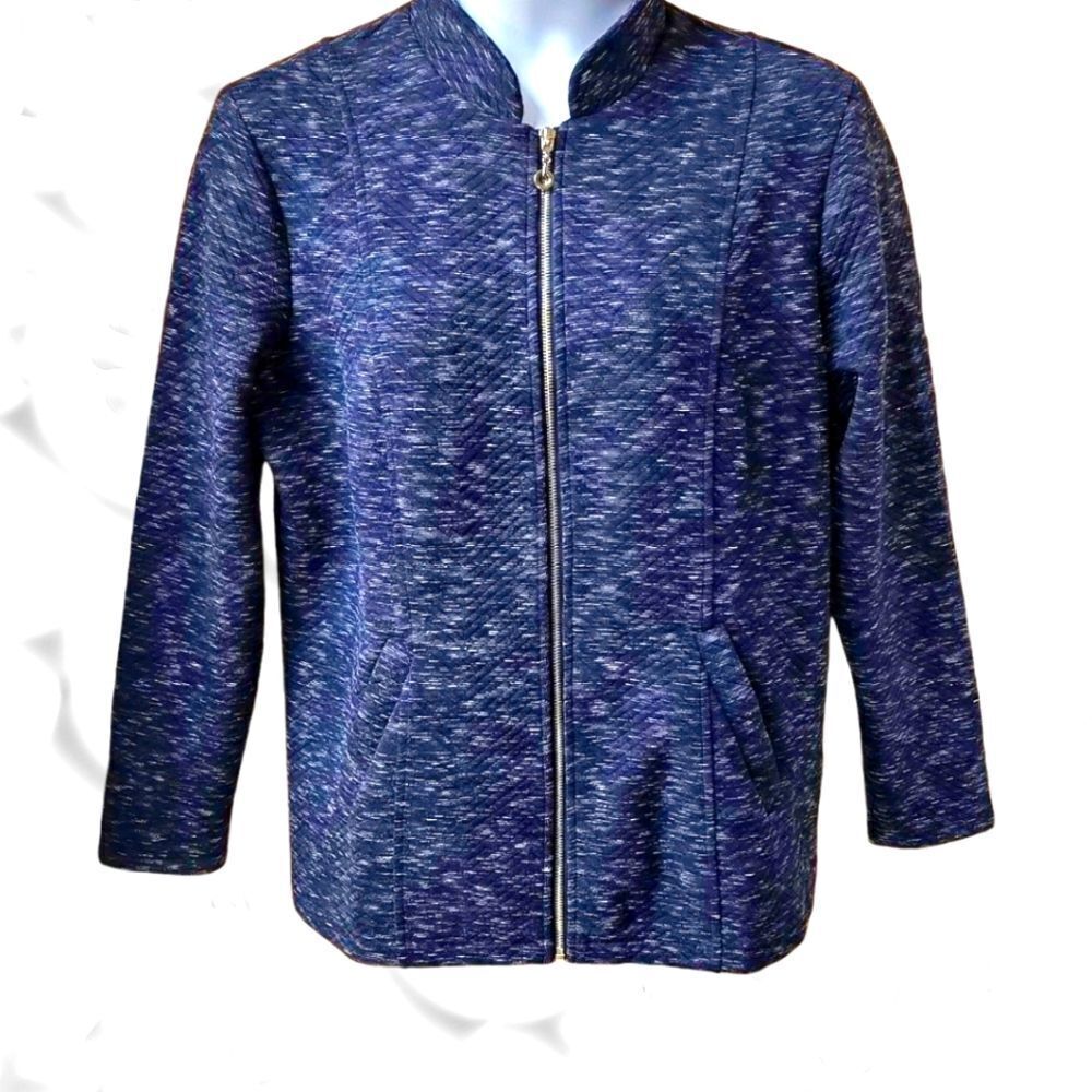 FLORA BLUE Women's Plus Size Blue & White Speckled Jacket 2X